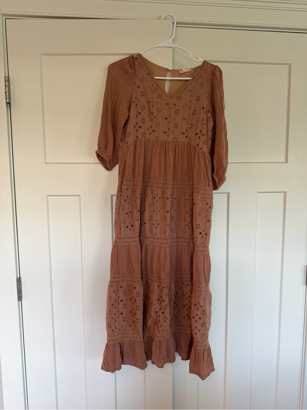 Roolee Boho Eyelet Tiered Midi Dress in Tan